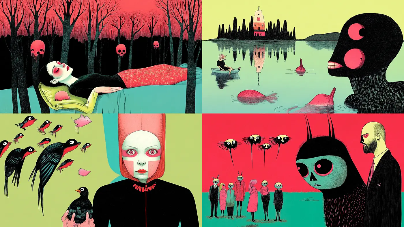 Surreal and whimsical illustrations with a hauntingly vibrant aesthetic - Midjourney sref style