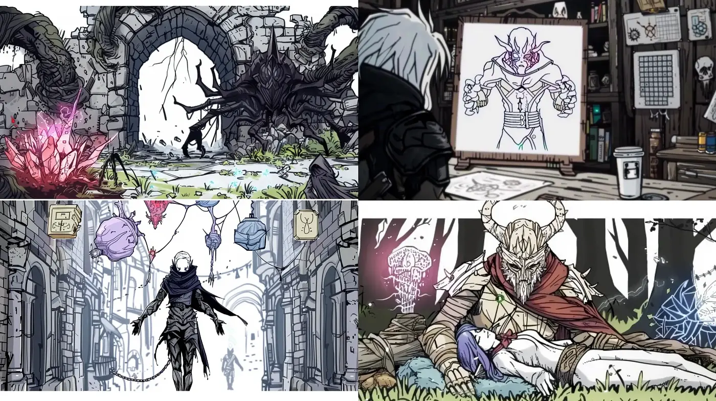 Monochromatic Fantasy Art with Vivid Accentuation and Intricate Detailing - Midjourney sref style