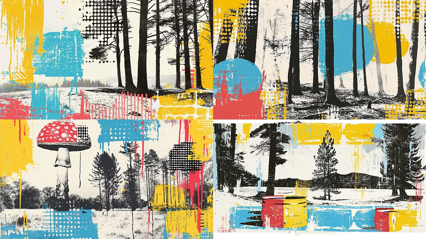 Abstract Forest Fusion: A Retro-Inspired Color Block Exploration - Midjourney sref style
