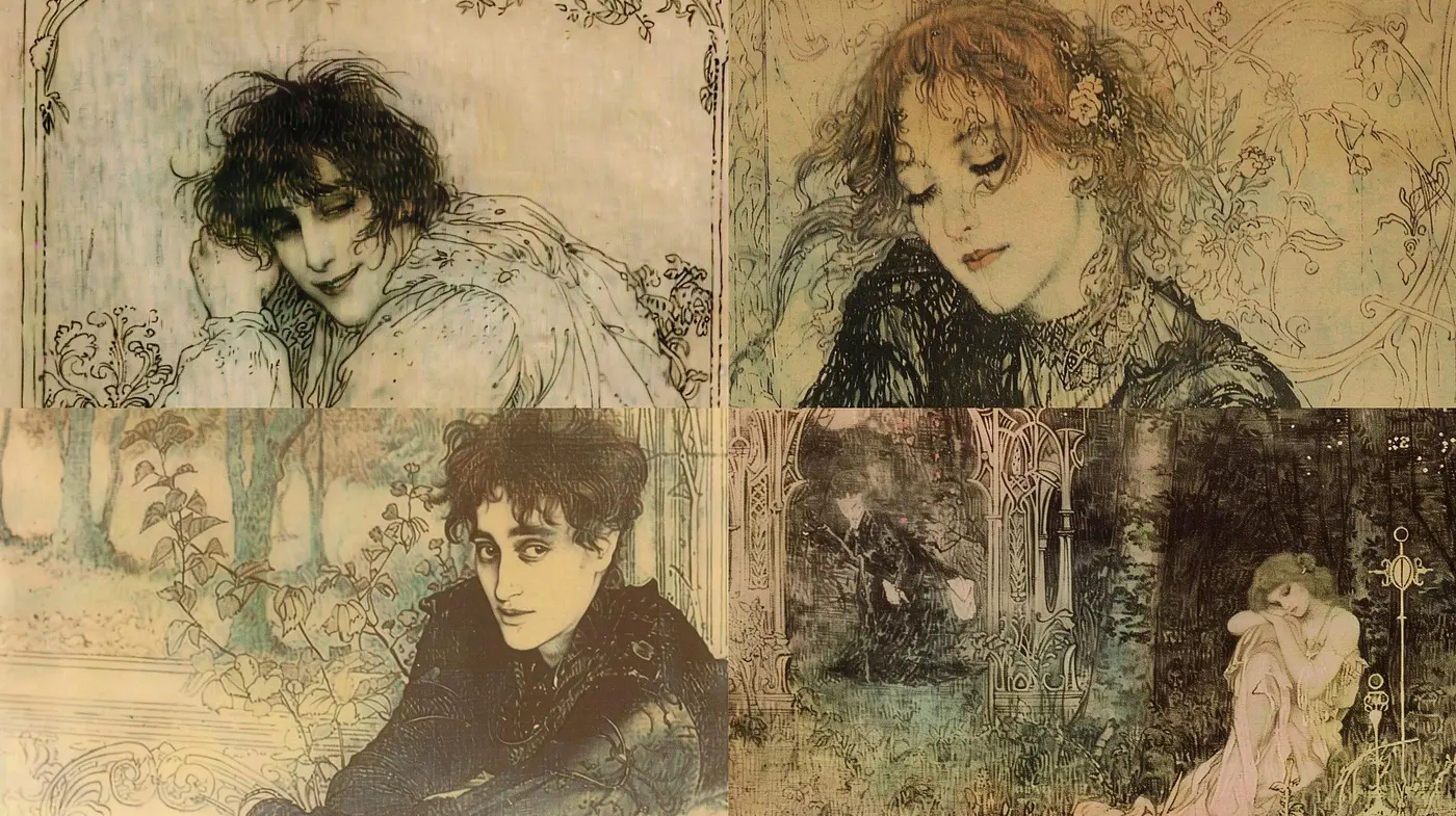 Ethereal Nostalgia: A Fusion of Art Nouveau Elegance with Dreamlike Textures and Muted Hues - Midjourney sref style
