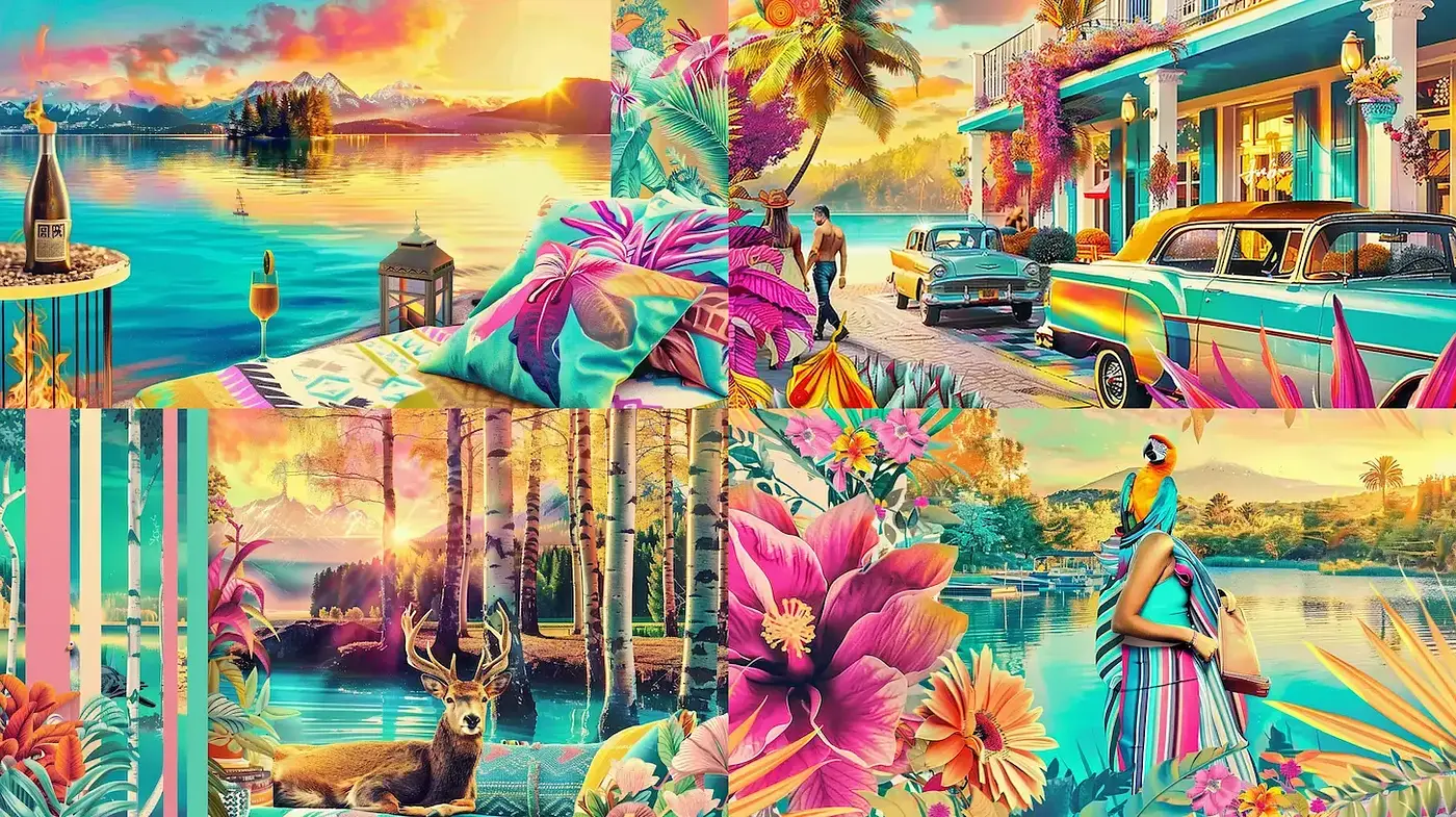 Vibrant Tropical Surrealism with a Vintage Narrative - Midjourney sref style
