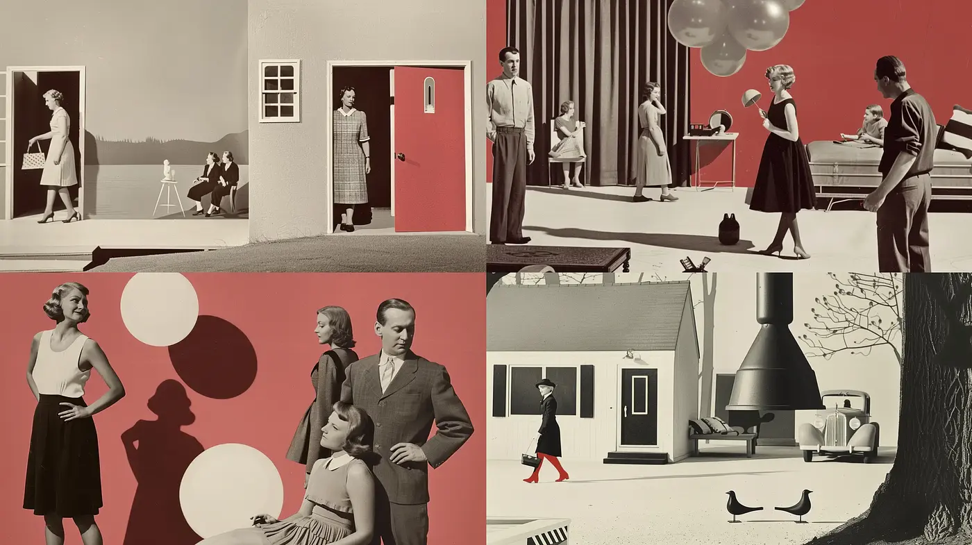Red and Monochrome Fusion of Mid-Century Modernism with Surrealist Overtones - Midjourney sref style