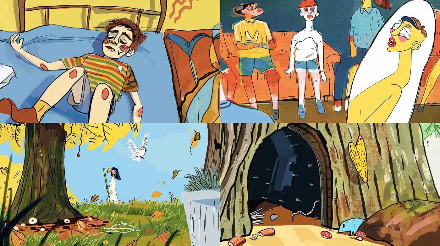 Whimsical Cartoonish Illustration with Expressive Line Work - Midjourney sref style