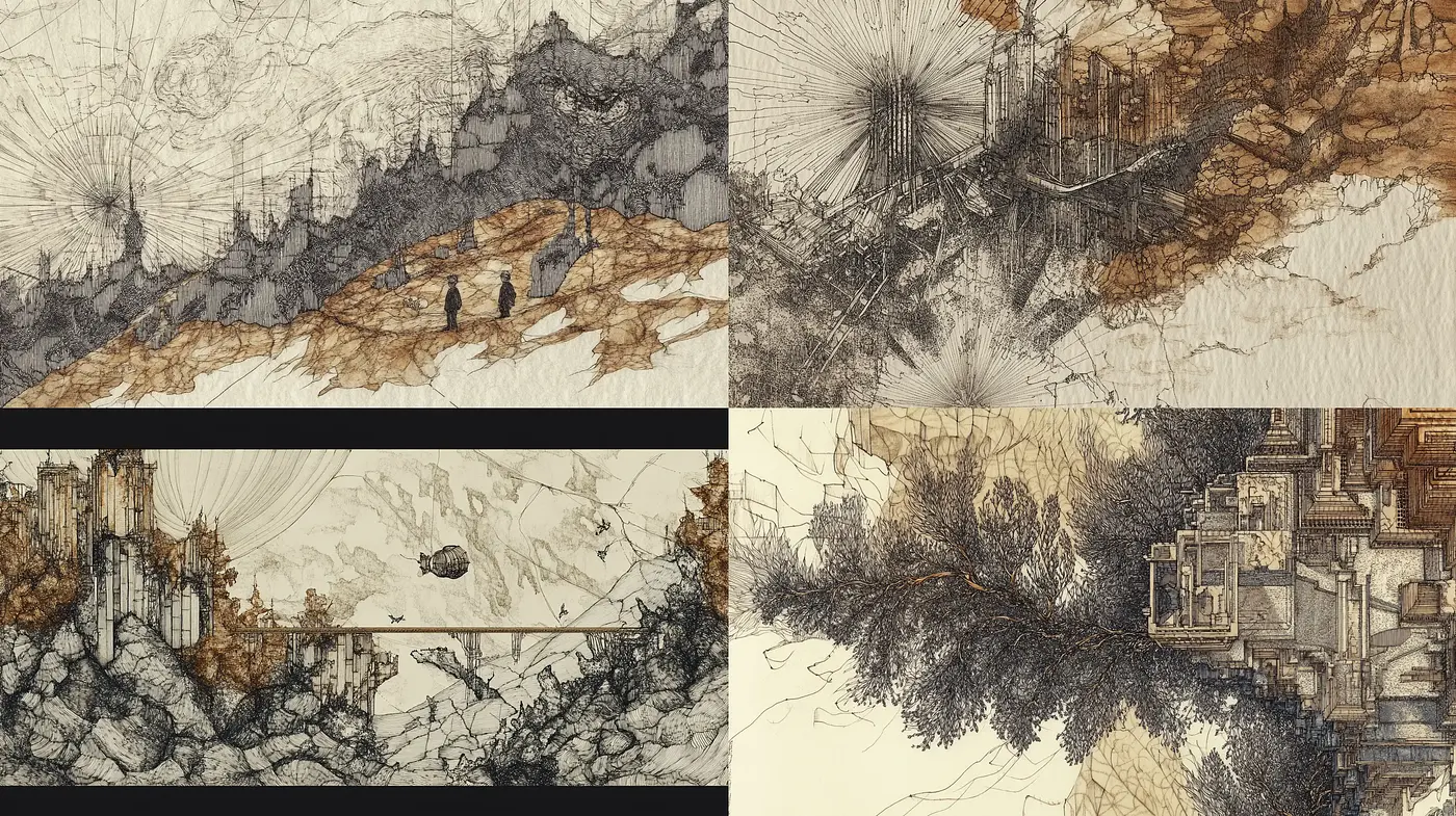 Ethereal Ink Landscapes: Echoes of Transience and Serenity - Midjourney sref style