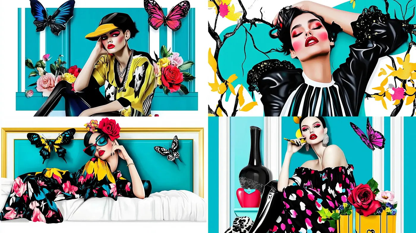 Vibrant Pop Art Elegance with Bold Floral and Butterfly Motifs - Midjourney sref style