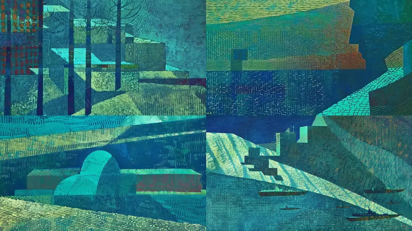 Geometrics in Cool Tones: A Modern Landscape Interpretation - Midjourney sref style
