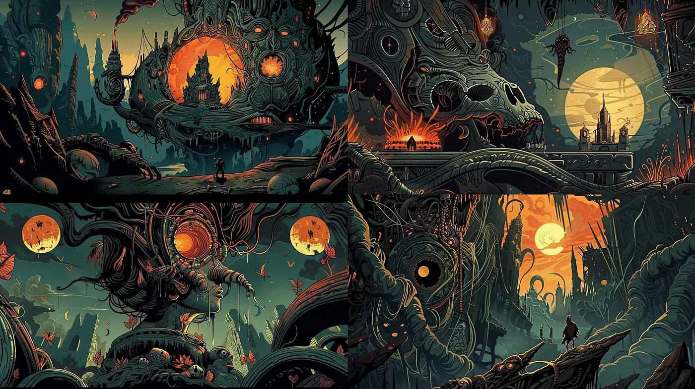 Ethereal Twilight Worlds: A Harmony of Organic Forms and Surreal Structures - Midjourney sref style