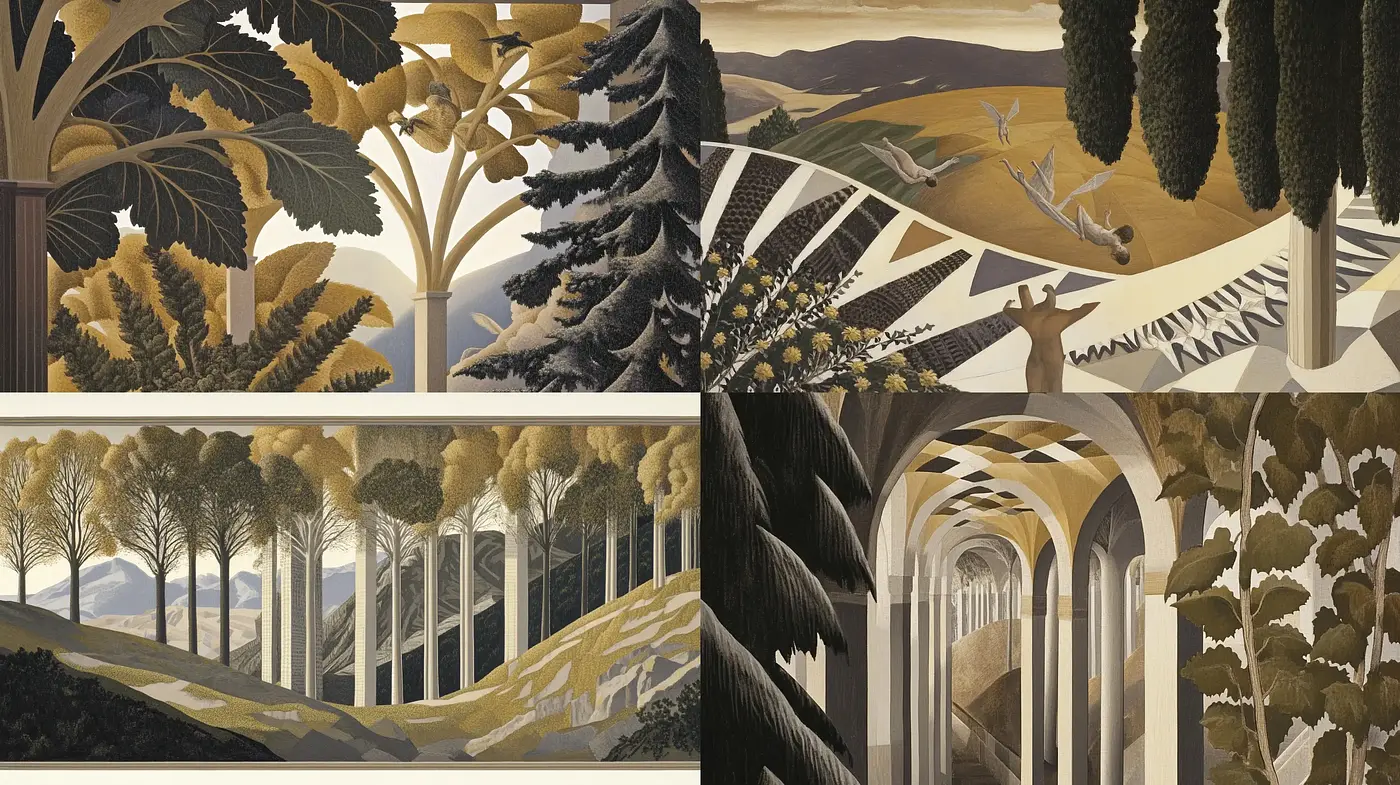 Art Deco Nature Fusion with Surrealist Overtones - Midjourney sref style
