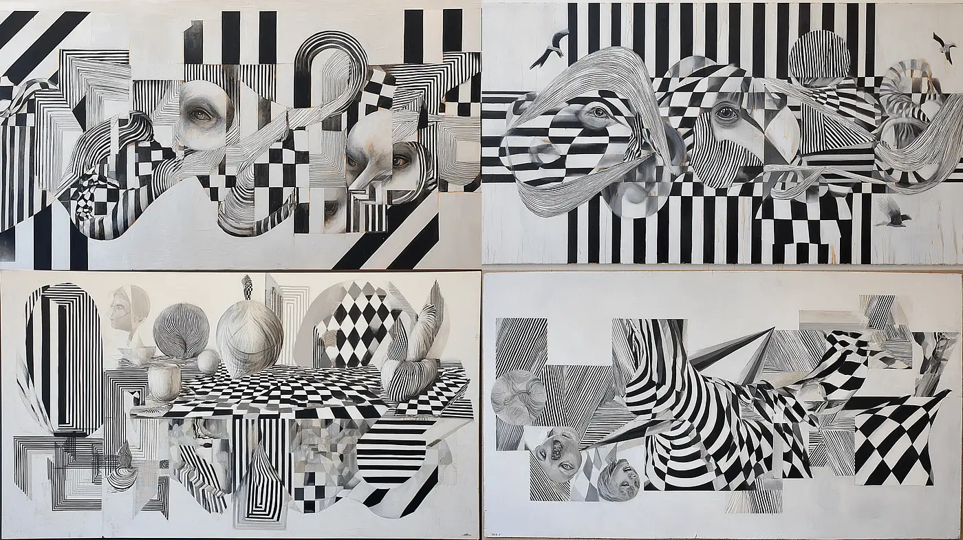Monochromatic Abstract Composition with Geometric and Organic Forms - Midjourney sref style