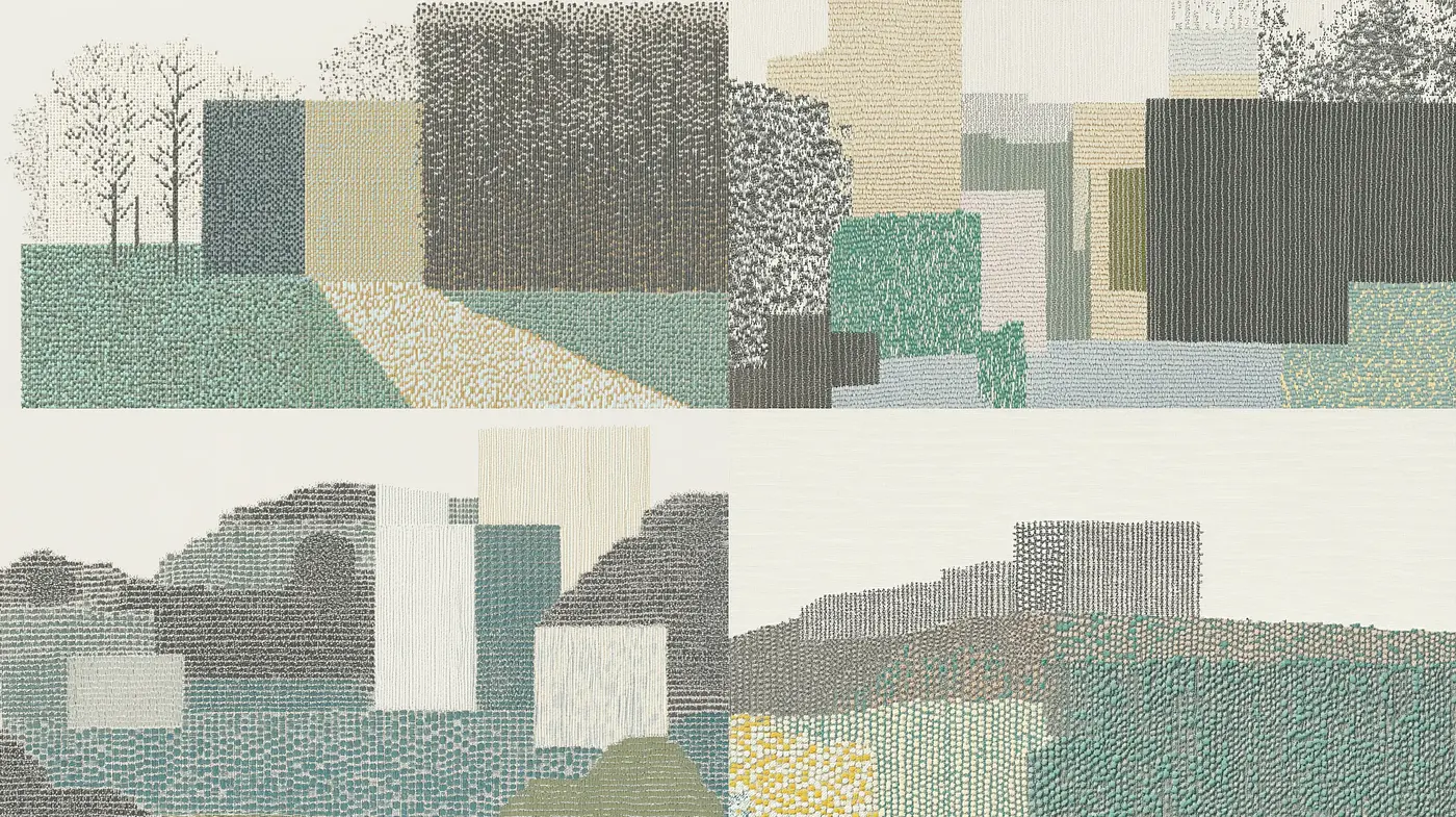 Geometric Patchwork Landscape in Stippled Textures - Midjourney sref style