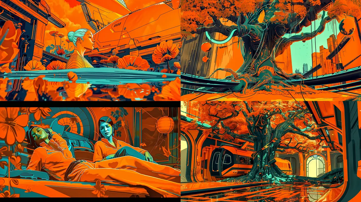 Vibrant Cyberpunk Dreamscape: A Vivid Orange and Teal Panorama - Midjourney sref style