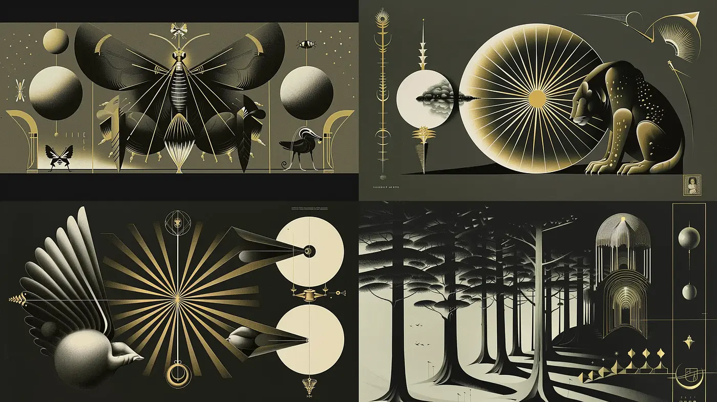 Ethereal Dreamscape in Monochromatic Gold: A Homage to Art Deco and Surrealism - Midjourney sref style