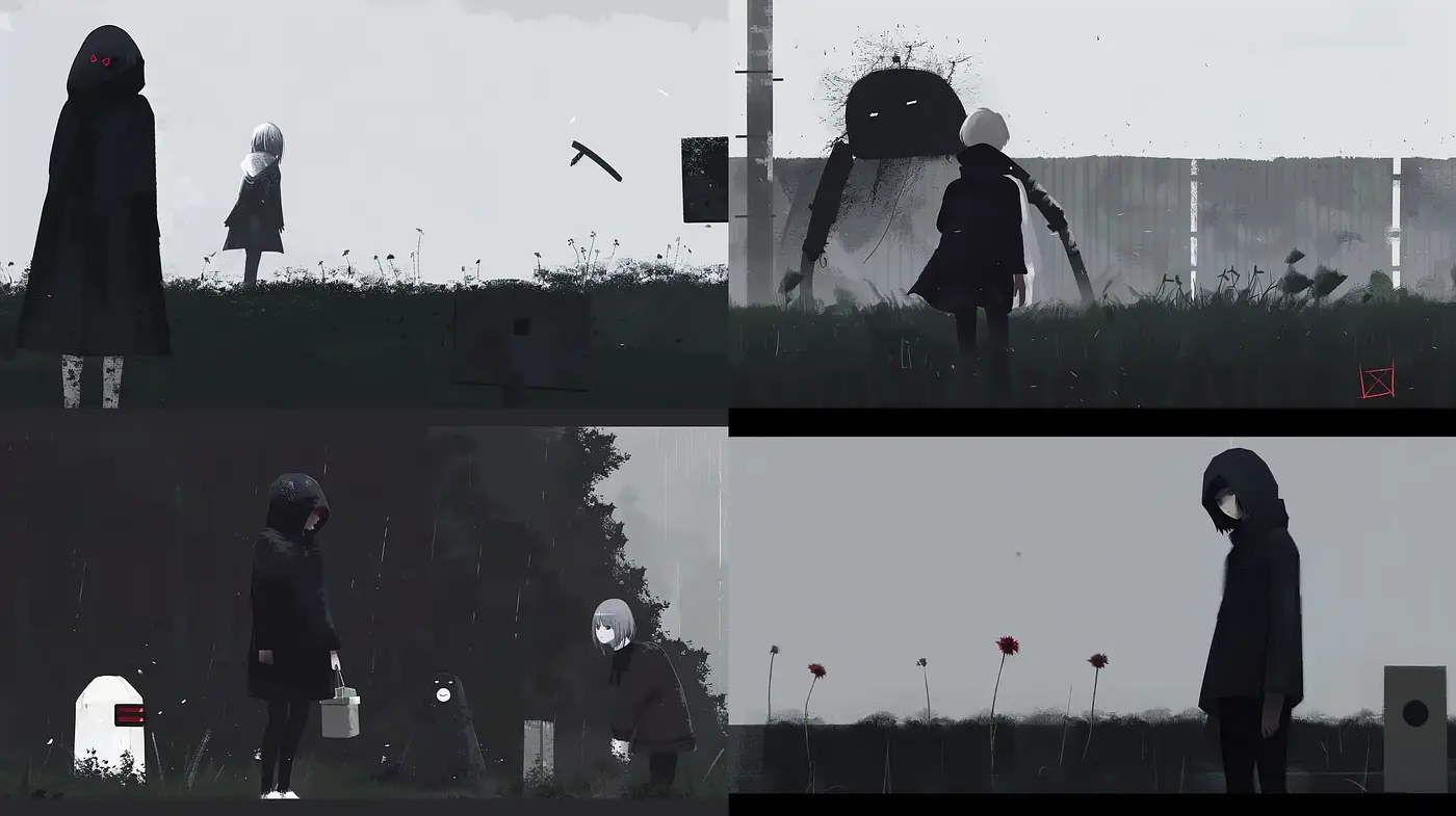 Monochromatic Grunge Dreamscapes with a Hint of Red - Midjourney sref style