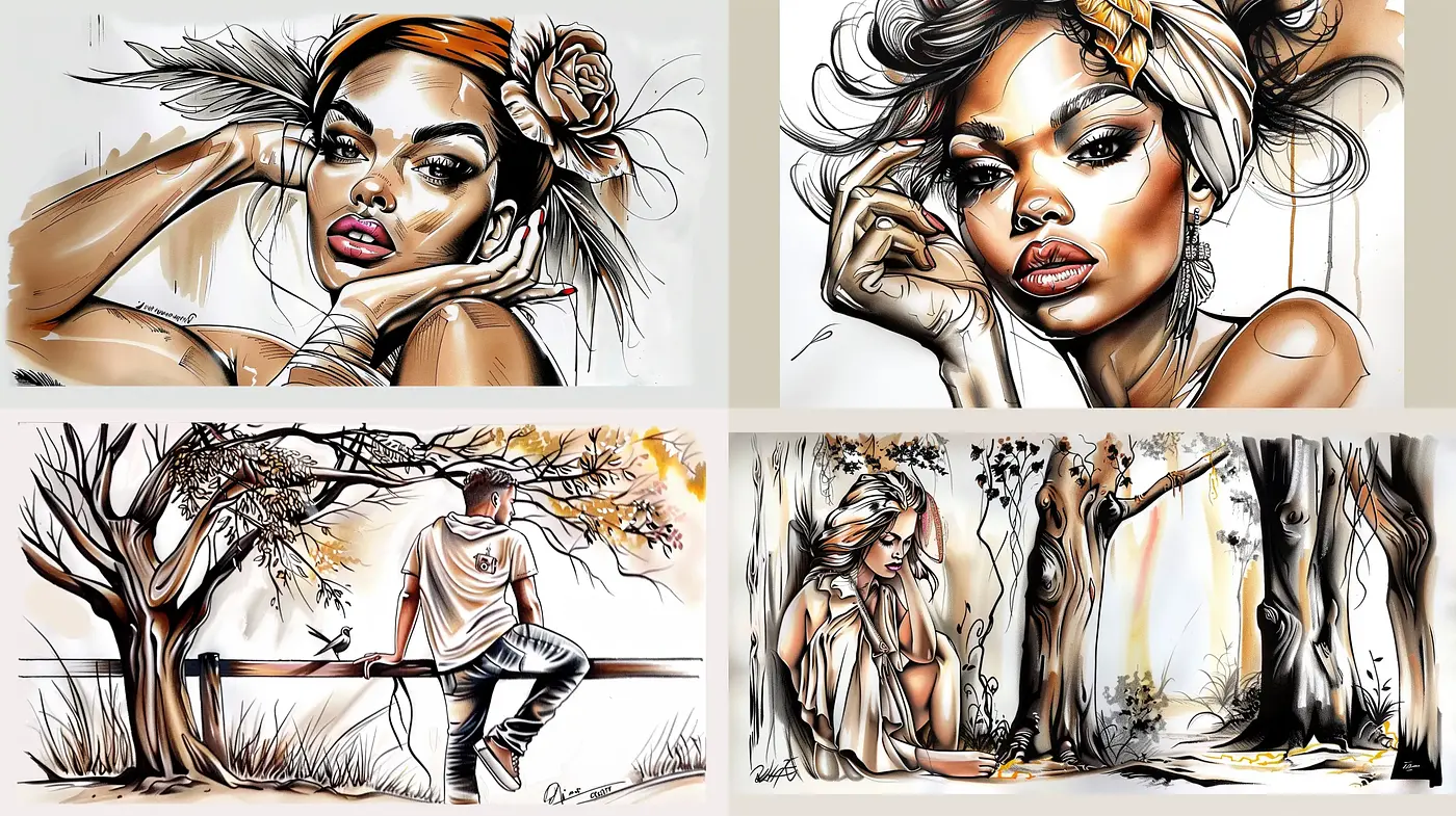 Dynamic Sketch-Style Portraits with Autumnal Elegance - Midjourney sref style