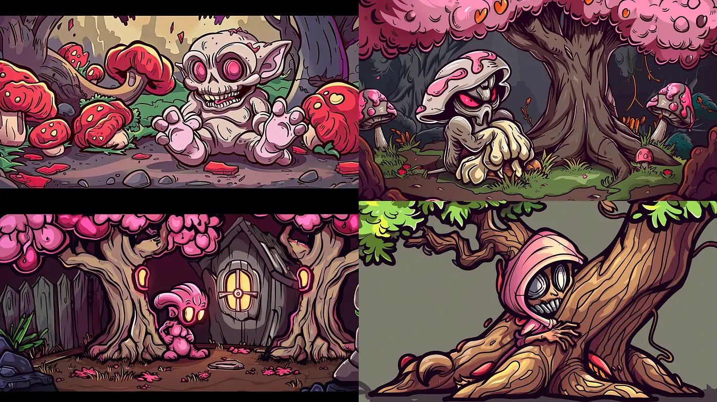 Eerie Whimsical Woods in Stylized Cartoon Rendering - Midjourney sref style