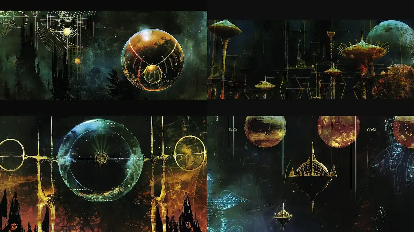 Cosmic and Futuristic Landscapes with Abstract Elements - Midjourney sref style
