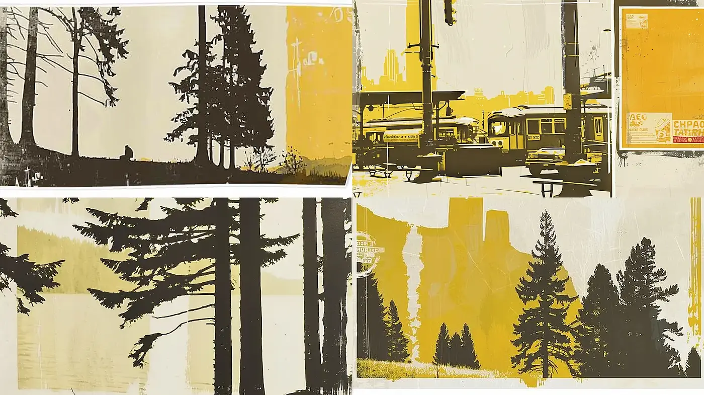 Retro-inspired collage capturing a harmonious blend of nature and urban elements - Midjourney sref style