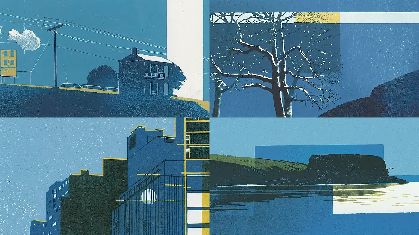 Contemporary Geometric Landscapes with Subtle Retro Touches - Midjourney sref style