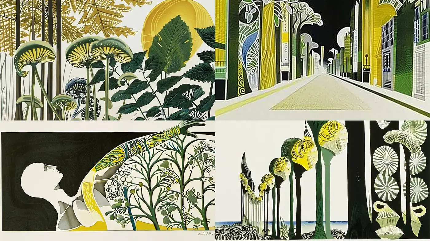 Stylized Nature Scenes with Geometric Elements and Vibrant Colors - Midjourney sref style