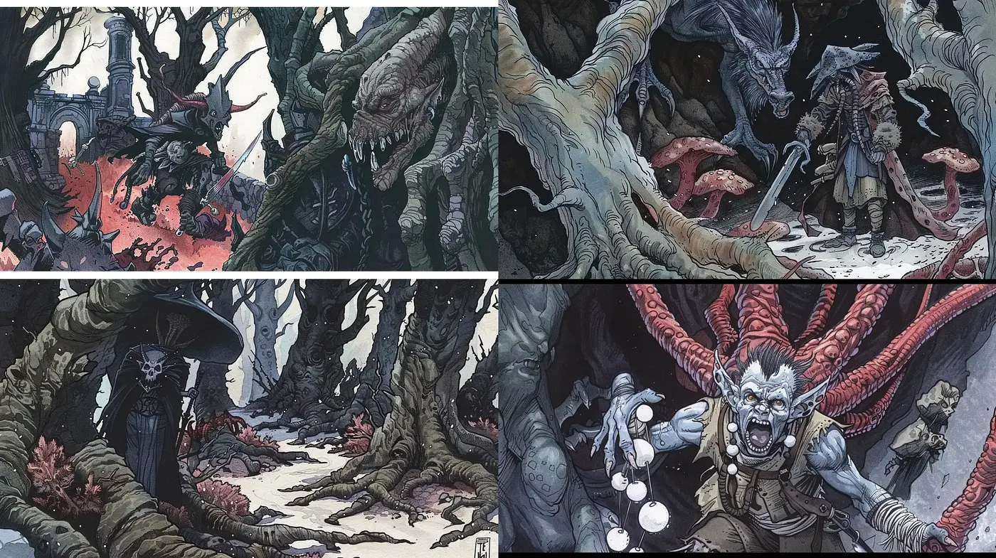 Eerie Enchanted Forests in Dark Comic Book Illustration Style - Midjourney sref style