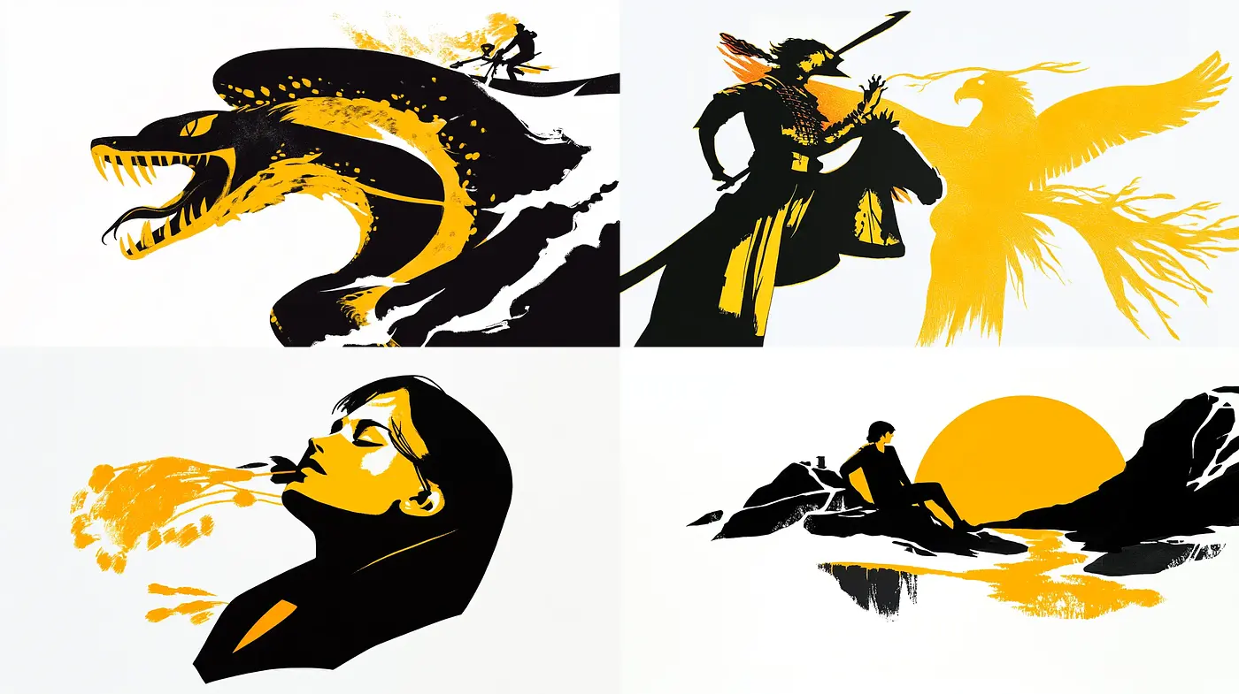 Stark Contrasts and Silhouette Forms in Monochromatic Storytelling - Midjourney sref style