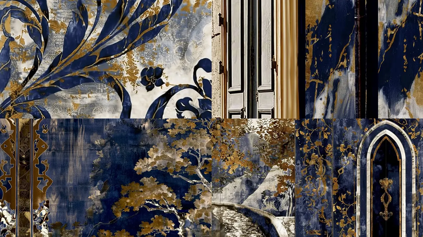 Baroque Echoes in Sapphire and Gold: A Study in Textured Elegance - Midjourney sref style