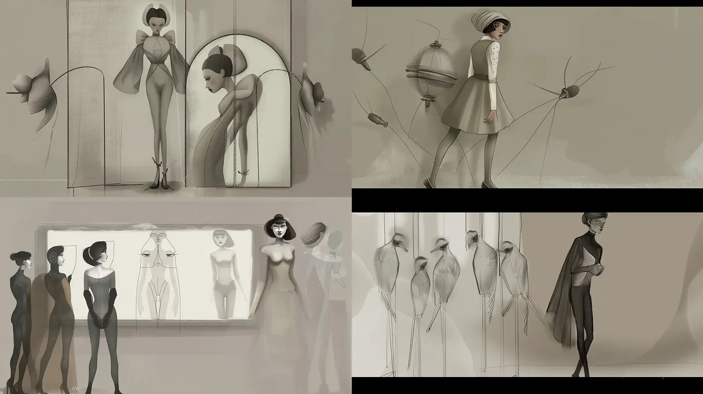 Monochromatic Elegance in Ethereal Fashion Illustrations - Midjourney sref style