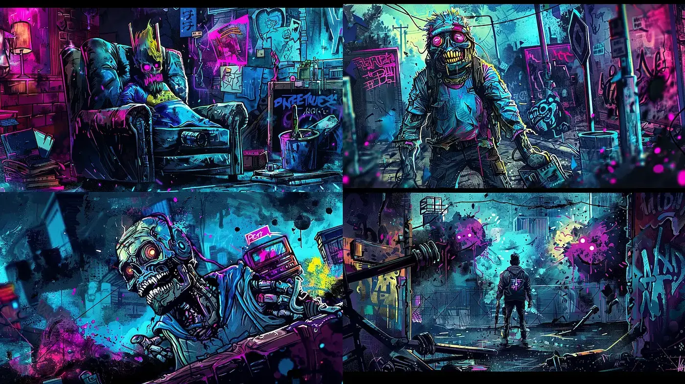 Vibrant Cyberpunk Aesthetic with Distorted Reality Influences - Midjourney sref style