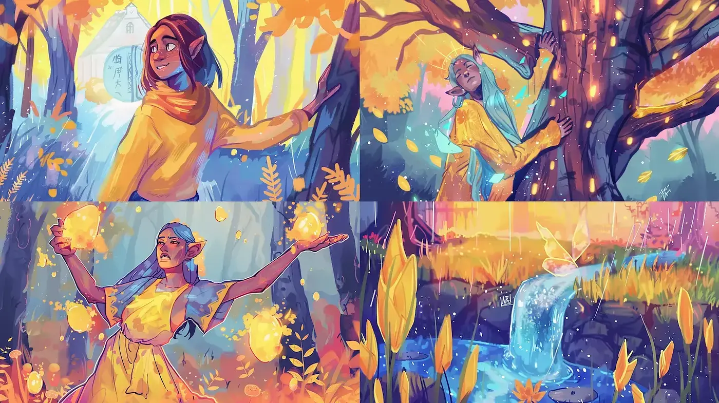 Bright and Whimsical Autumn Scenes with Lively Characters - Midjourney sref style