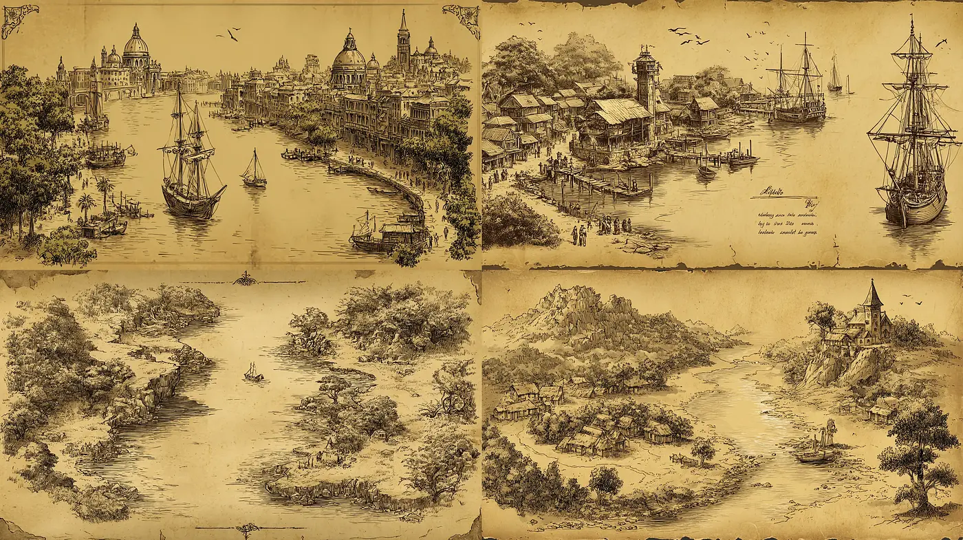 Artistic Exploration of Historical Landscapes with a Vintage Touch - Midjourney sref style