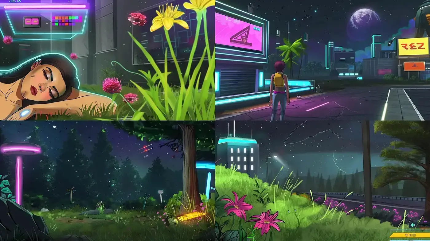 Futuristic neon landscapes with vibrant flora and dynamic characters - Midjourney sref style
