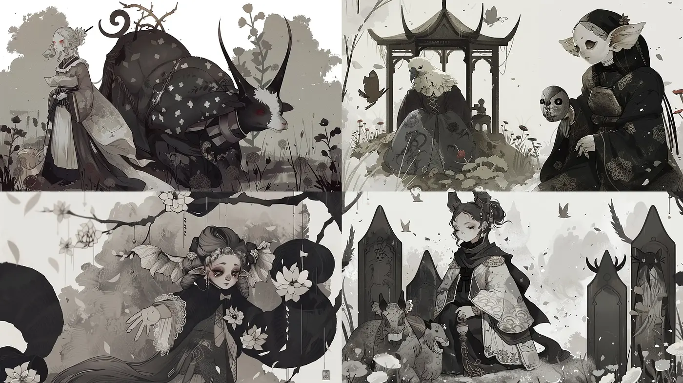 Monochromatic Fantasy: An Evocative Exploration of Myth and Nature - Midjourney sref style