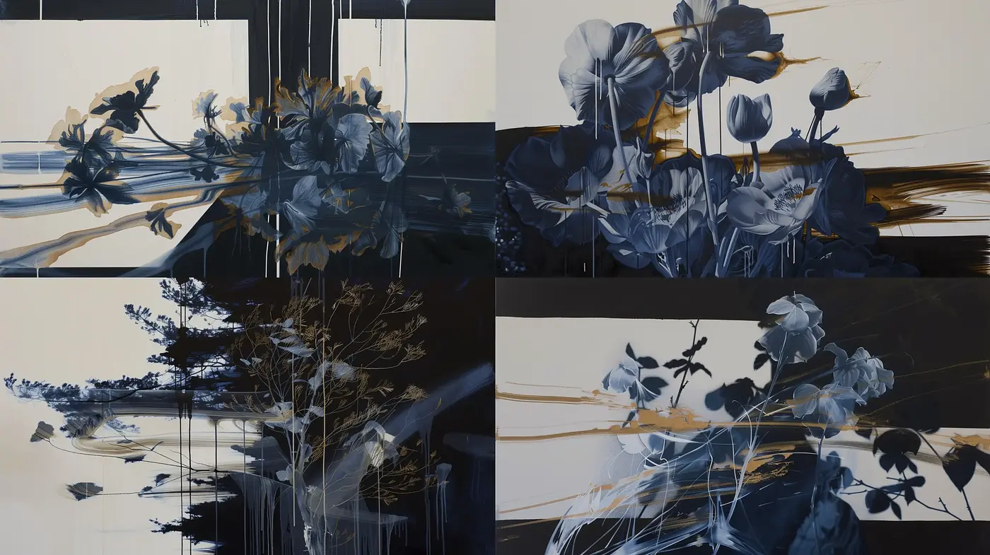 Ethereal Botanical Abstraction in Monochrome and Gold - Midjourney sref style