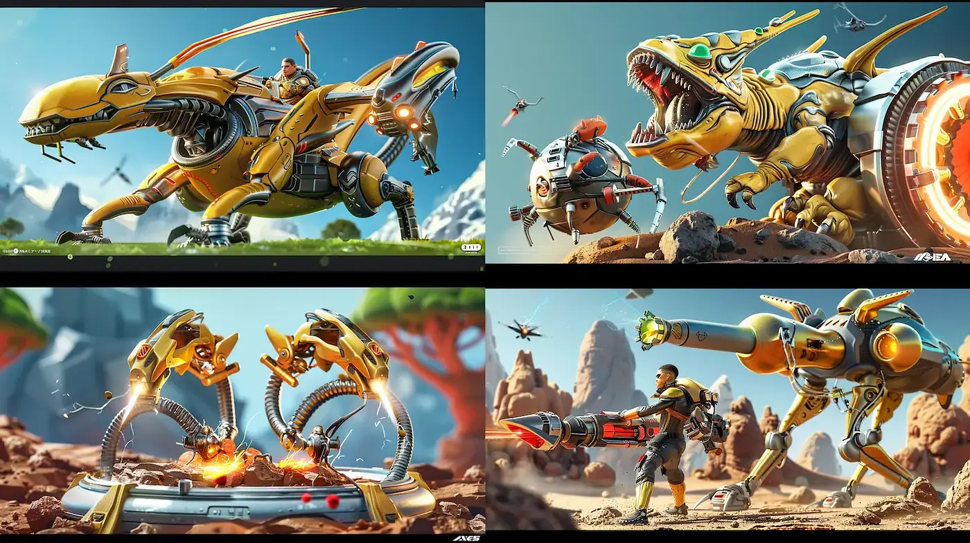 Futuristic, mechanical interpretation of mythical creatures in vibrant environments - Midjourney sref style