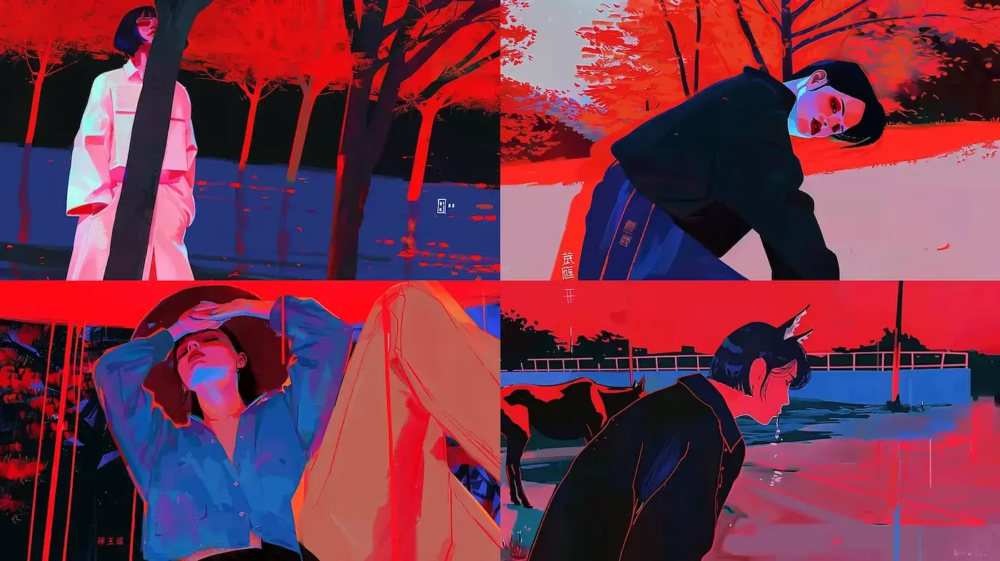 Expressive Red and Blue Artistic Composition with Emotional Undertones - Midjourney sref style