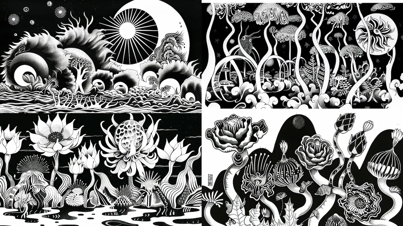 Intricate Black and White Nature-inspired Illustrations with a Whimsical Touch - Midjourney sref style