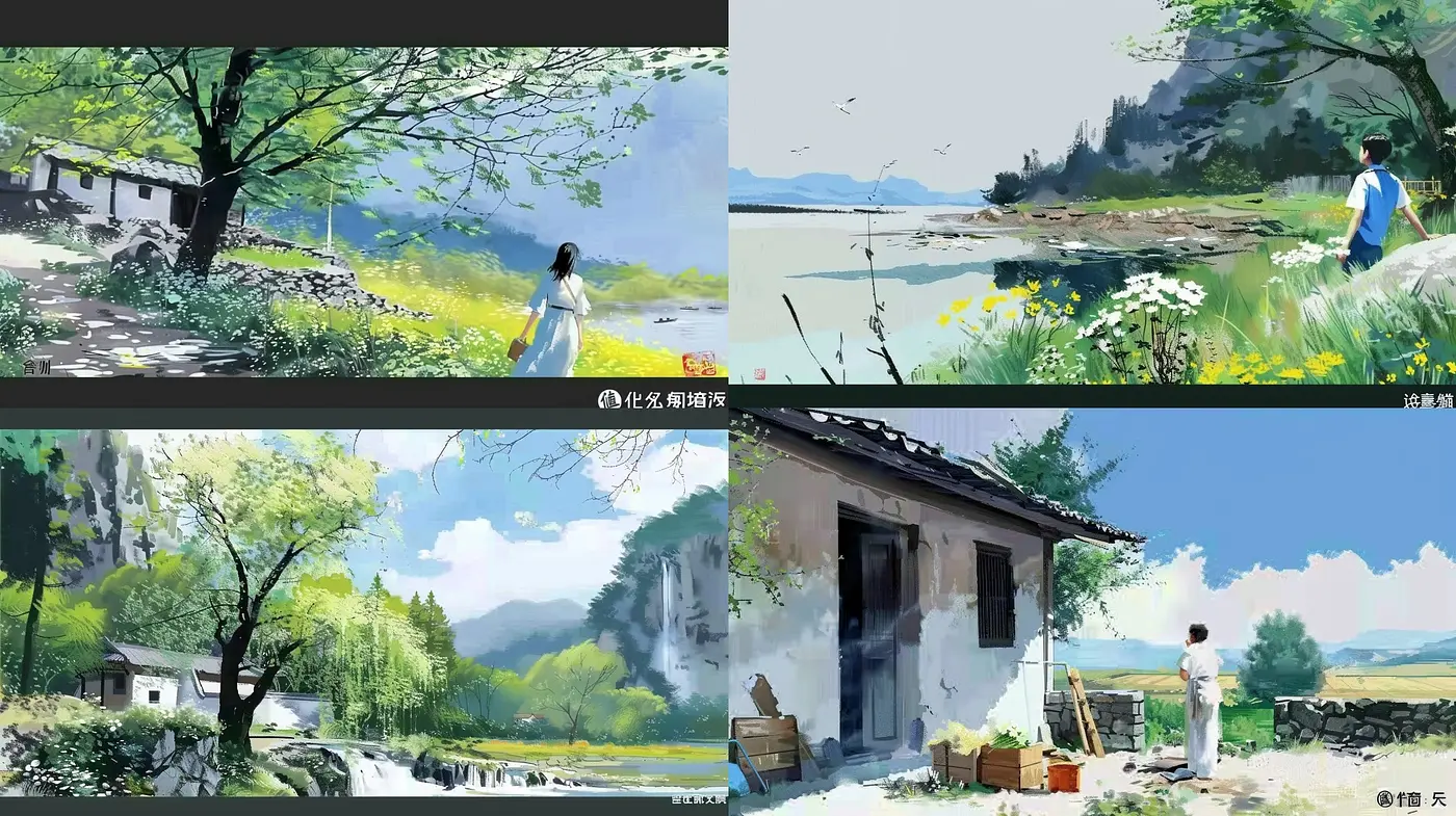 Idyllic Serenity in Brushwork Harmony: A Consistent Study of Pastoral Elegance - Midjourney sref style