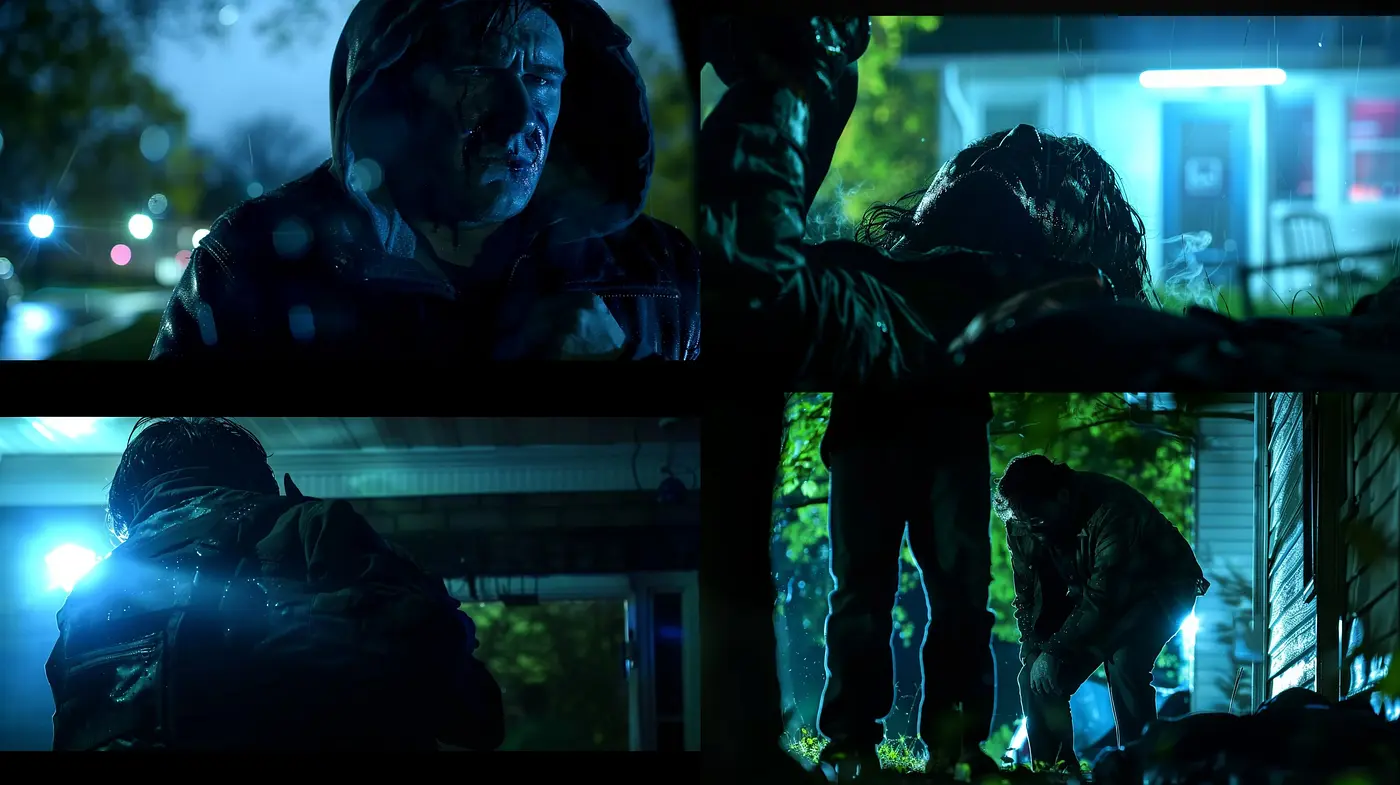 Nocturnal Cinematic Tableau with Rain-Drenched Ambiance - Midjourney sref style