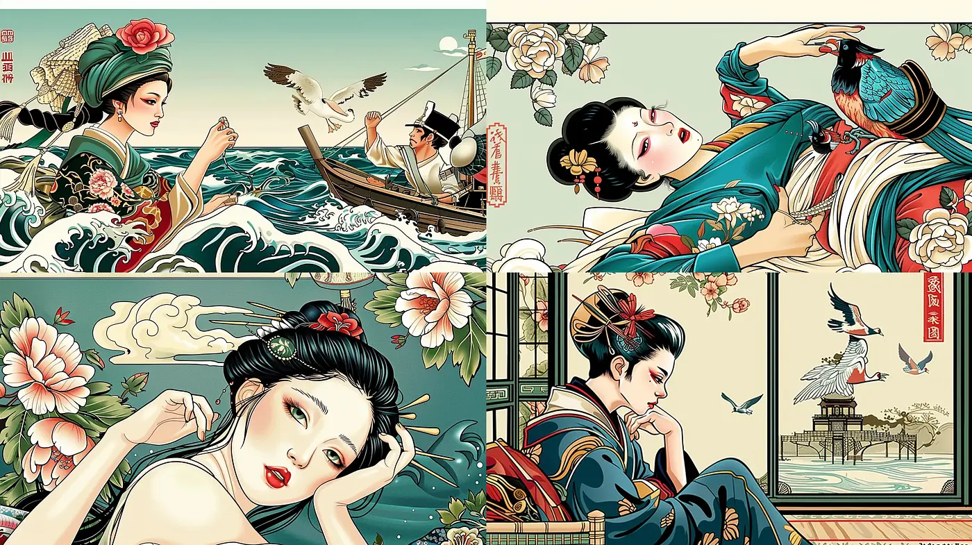 Elegant Fusion of Traditional Ukiyo-e and Modern Digital Artistry - Midjourney sref style
