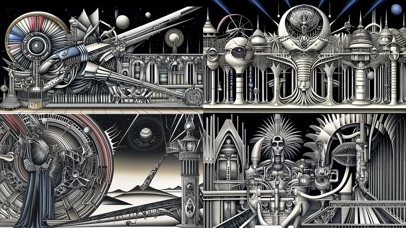 Futuristic Mechanized Fantasy in Monochrome - Midjourney sref style