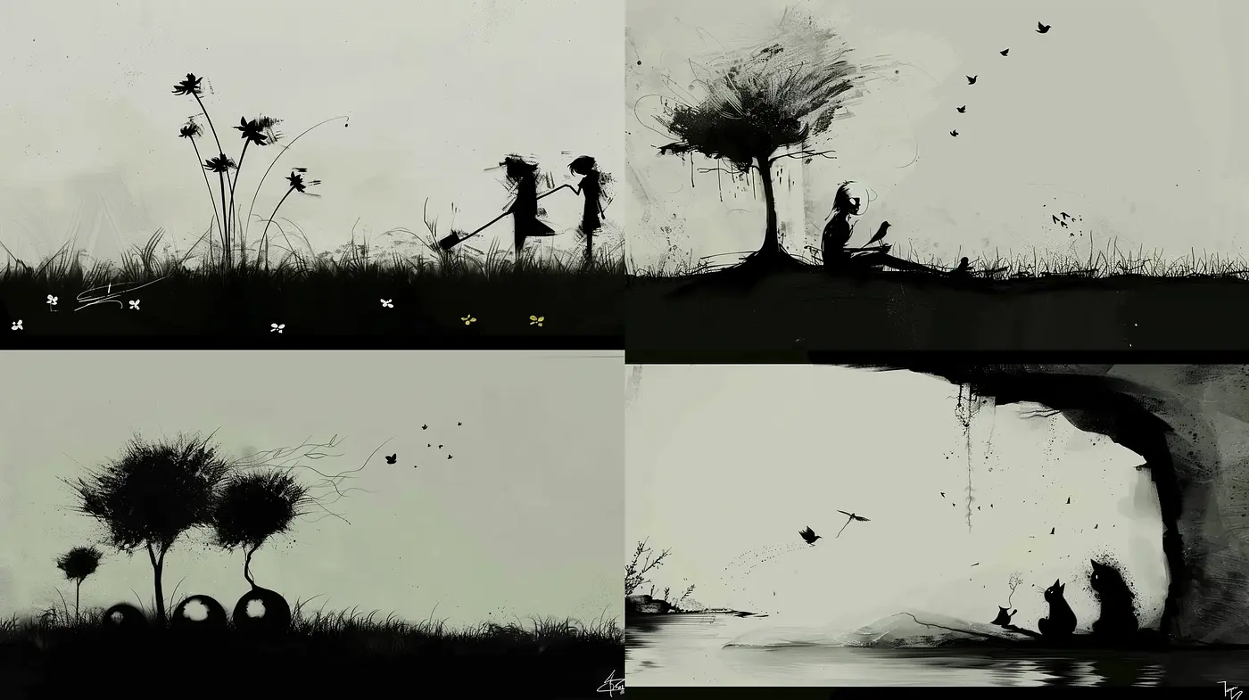 Monochrome Silhouette Vistas with Evocative Impressionism - Midjourney sref style