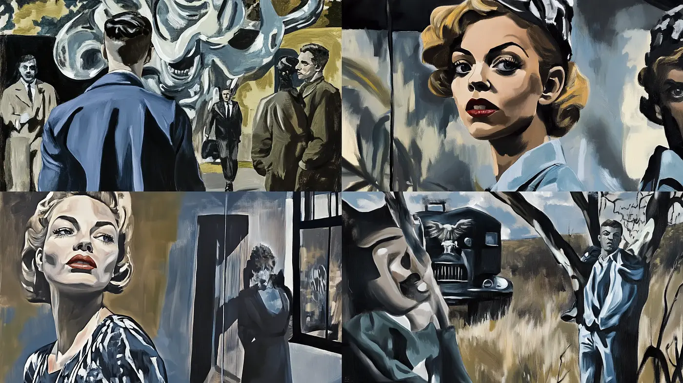 Noir-Inspired Cinematic Expressionism in Monochrome and Blue Hues - Midjourney sref style