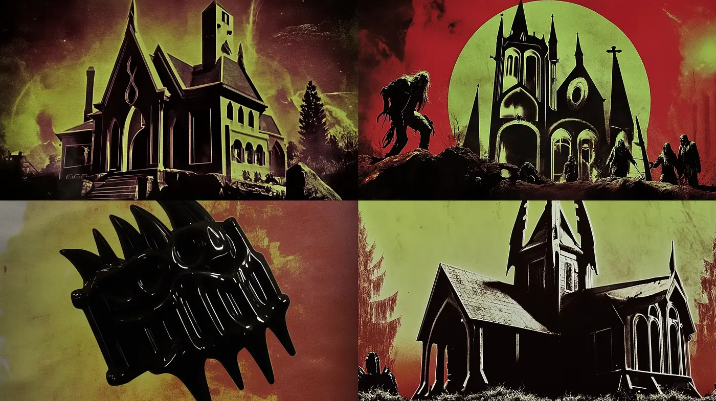 Gothic Revival Under Sinister Skies: A Stylistic Homage to Macabre Cinema - Midjourney sref style