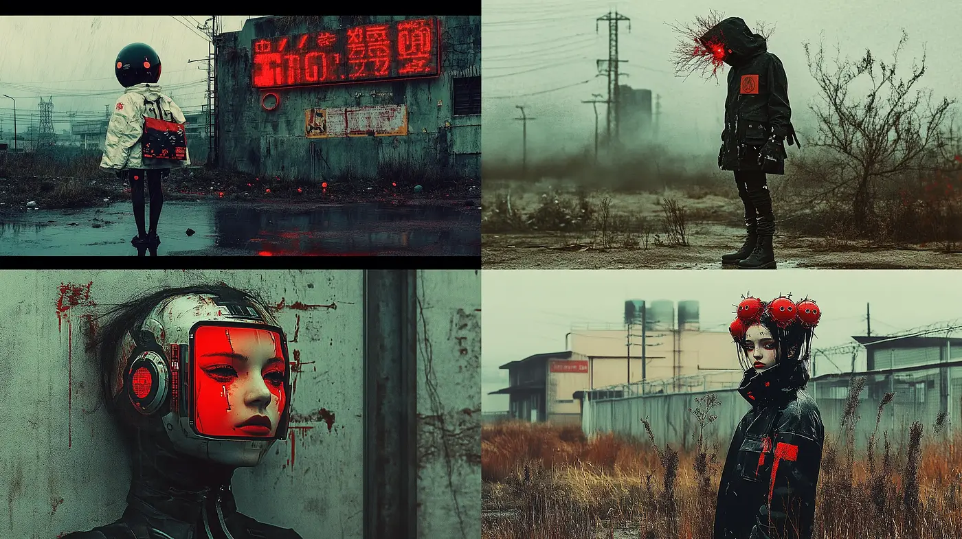 Dystopian Cyberpunk Reverie: Textural Synergy Amidst Desolate Hues - Midjourney sref style