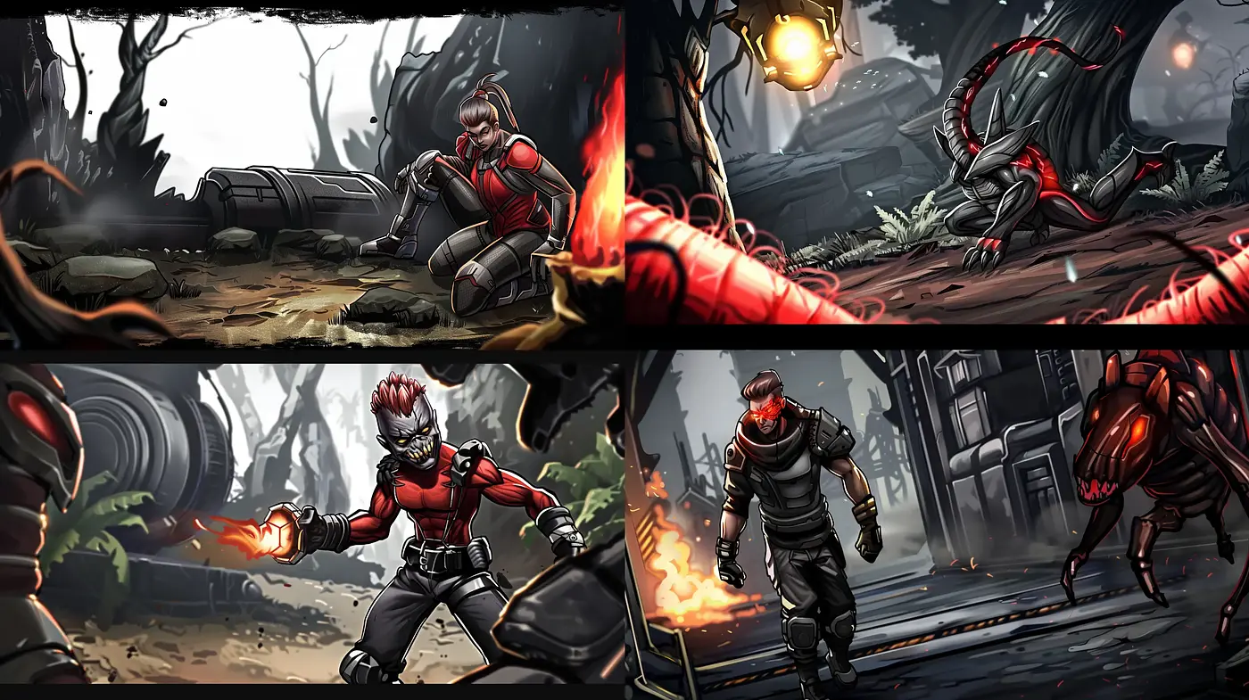 Dystopian Fire-Lit Ambiance with Dynamic Character Portraits - Midjourney sref style