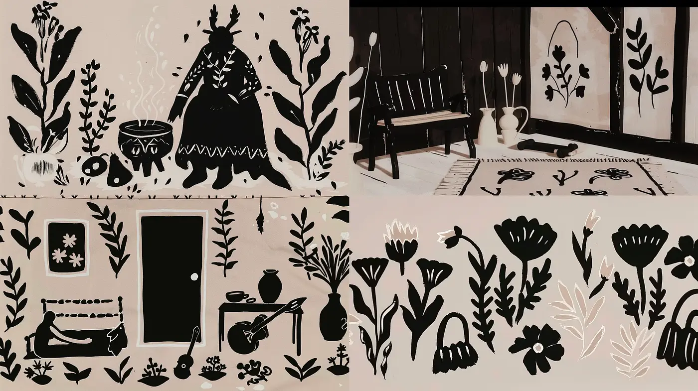 Monochromatic Nature-Inspired Folk Art Fusion - Midjourney sref style