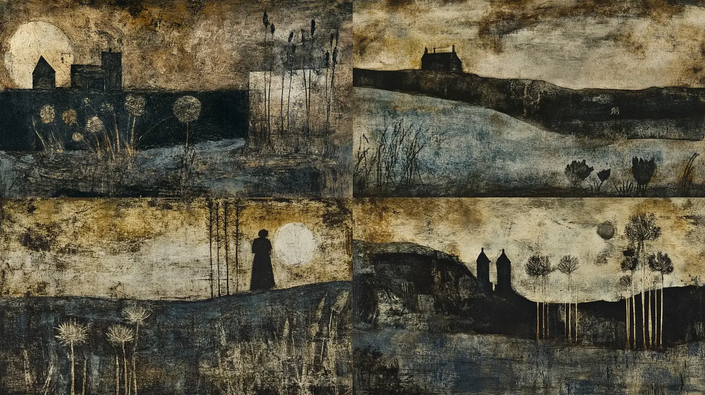 Monochrome Tapestry of Time: Textured Serenity Across Varied Scenes - Midjourney sref style