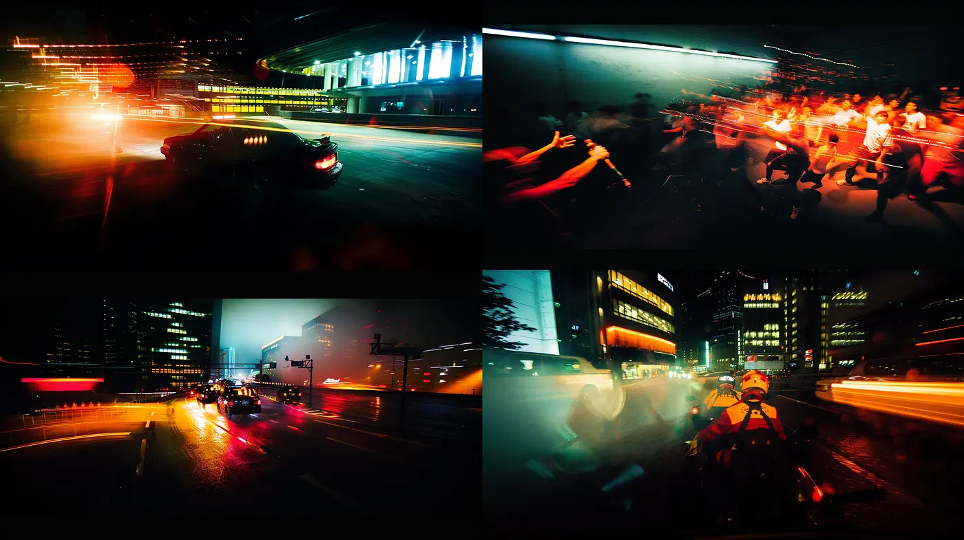 Chiaroscuro Urban Dreamscape: A Fusion of Neon Noir and Impressionistic Motion - Midjourney sref style