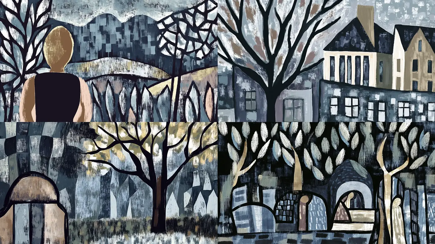Melancholic Twilight: A Journey Through Stylized Arboreal Silhouettes - Midjourney sref style