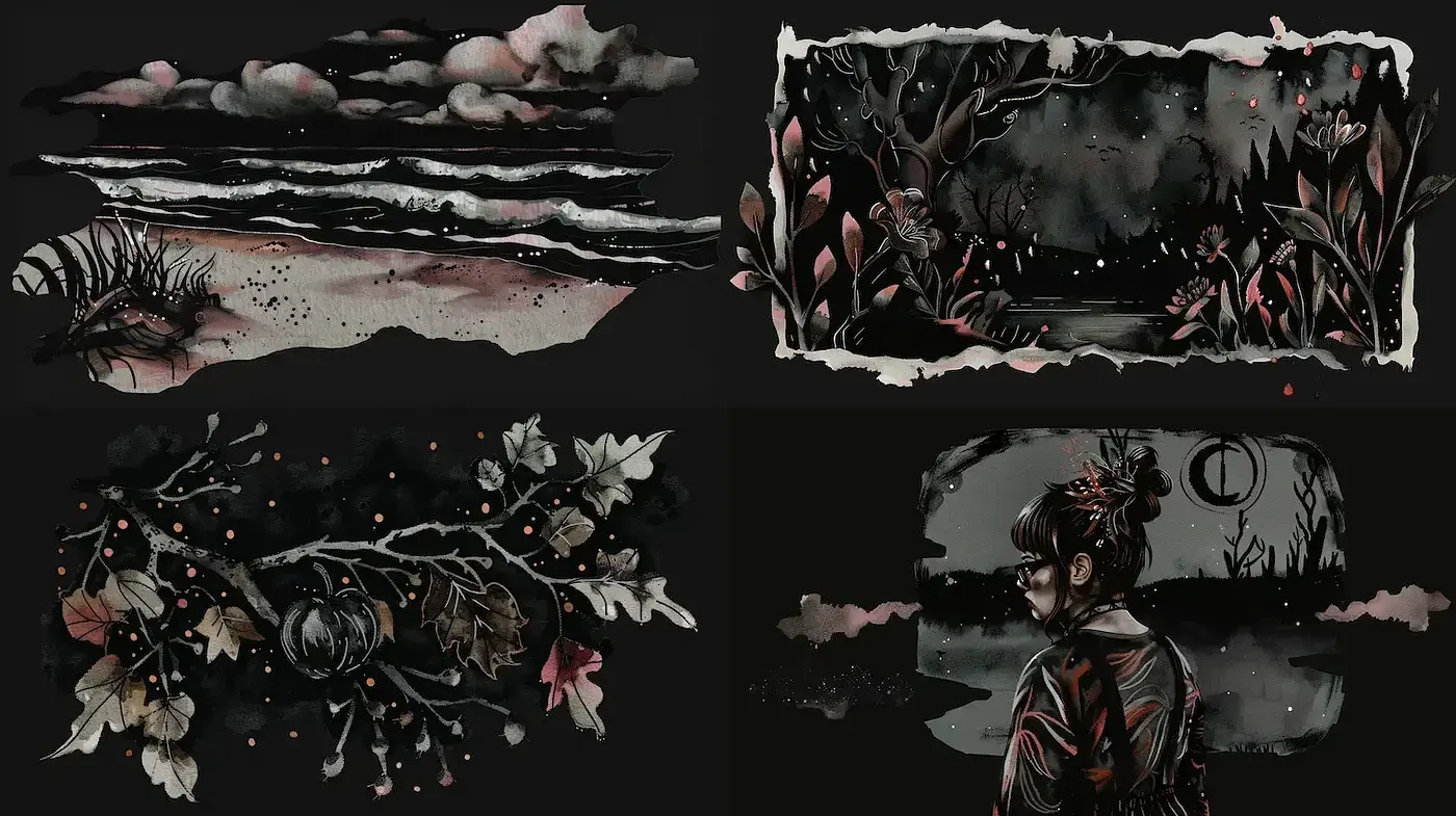 Gothic Nocturne: Dark Elegance in Monochrome and Crimson - Midjourney sref style